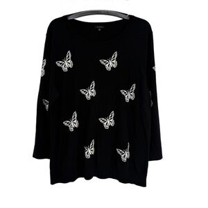 Talbots Butterfly Sweater Size XL Black White Cotton 3/4 Sleeves Pullover